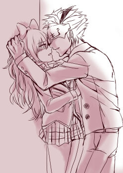 1boy 1girl absurdres adam_taurus blake_belladonna blush bow hair_bow highres junjun_(kimi-la) long_hair mask monochrome necktie plaid_clothes plaid_skirt rwby school_uniform skirt