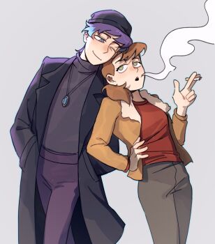 2girls beanie between_fingers black_pants black_sweater brown_coat brown_hair brown_jacket brown_pants cigarette closed_mouth coat dmitry_bratsky elisa_douchnov fur-trimmed_jacket fur_trim genderswap genderswap_(ftm) genderswap_(mtf) green_eyes grey_background hand_on_own_hip hands_in_pockets hat highres holding holding_cigarette jacket jewelry leaning_on_person long_sleeves looking_at_another medium_hair multiple_girls my_student_spirit necklace one_eye_closed open_clothes open_coat open_jacket open_mouth pants ponytail purple_hair purple_pants red_shirt shirt short_hair simple_background smile smoke smoking sweater turtleneck turtleneck_sweater yuri yy20251111