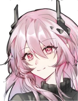 1girl arknights black_horns chinese_commentary commentary_request horns long_hair looking_at_viewer material_growth oripathy_lesion_(arknights) pink_eyes pink_hair portrait simple_background smile solo summer-night-echo theresa_(arknights) white_background