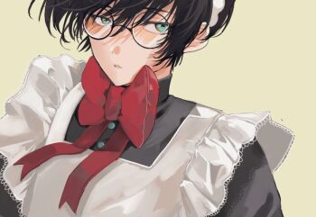 1boy apron aqua_eyes black_hair black_shirt bow bowtie commentary_request crossdressing crossdressing_(mtf) glasses hair_between_eyes looking_at_viewer maid maid_apron male_focus male_maid original parted_lips red_bow red_bowtie round_eyewear sahi00000 shirt short_hair simple_background solo swept_bangs upper_body white_apron yellow_background