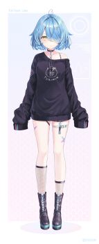 1girl absurdres ahoge asymmetrical_legwear bandaid bandaid_on_leg belt black_boots black_choker blue_hair boots breasts character_name choker commentary_request copyright_name crossed_bandaids fishnet_socks fishnets full_body hair_ornament hair_over_one_eye hairclip heart heart_ahoge highres hololive kneehighs lace-up_boots large_breasts official_alternate_costume official_alternate_hairstyle official_art platform_boots pointy_ears rin_yuu short_hair single_kneehigh single_off_shoulder single_sock sleeves_past_fingers sleeves_past_wrists socks solo swept_bangs thigh_strap uneven_legwear virtual_youtuber yellow_eyes yukihana_lamy yukihana_lamy_(cyber)