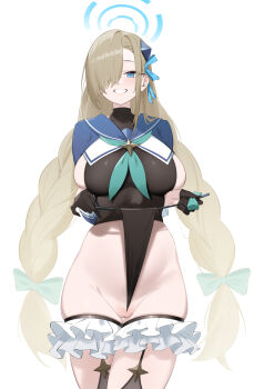 1girl absurdres asuna_(blue_archive) black_leotard black_thighhighs blonde_hair blue_archive blue_eyes blue_halo blue_sailor_collar blue_shrug blush braid breasts cleft_of_venus cosplay dongye1551 frilled_thigh_strap frontal_wedgie green_neckerchief grin groin hair_ornament hair_over_one_eye hair_ribbon halo heattech_leotard highleg highleg_leotard highres holding holding_riding_crop leotard leotard_pull long_hair looking_at_viewer neckerchief pubic_hair pussy ribbon riding_crop sailor_collar self_wedgie shimiko_(blue_archive) shimiko_(blue_archive)_(cosplay) shimiko_(magical)_(blue_archive) shrug_(clothing) sideboob smile solo sparse_pubic_hair thigh_strap thighhighs thighs turtleneck twin_braids very_long_hair wedgie