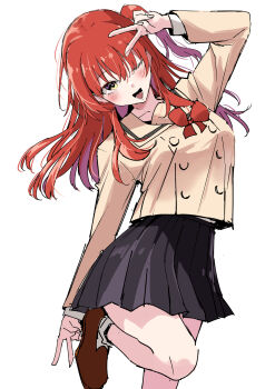 1girl attsun_(atsushi_jb) black_skirt bocchi_the_rock! kita_ikuyo one_eye_closed red_hair school_uniform skirt solo standing standing_on_one_leg v