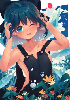 1girl absurdres adjusting_hair apron blue_bow blue_eyes blue_hair blush bow cirno cirno_day cloud cloudy_sky flower hair_bow highres ice ice_wings looking_at_viewer naked_apron one_eye_closed paw_print penglai_tea short_hair sky solo touhou wings