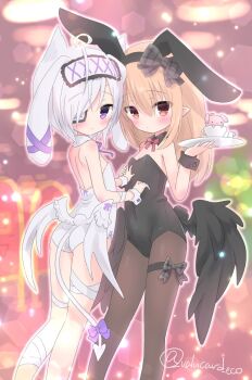 2girls ahoge animal_ear_hairband animal_ears bandages black_collar black_hairband black_leotard black_ribbon black_wings blonde_hair blush breasts brown_pantyhose bunny_day choker collar cup dark_feather_alma emil_chronicle_online eyepatch fake_animal_ears frilled_hairband frills hair_ribbon hairband highres holding holding_tray leotard loli multiple_girls pantyhose playboy_bunny pointy_ears purple_eyes purple_ribbon rabbit_ear_hairband rabbit_ears raised_inner_eyebrows red_eyes red_ribbon ribbon small_breasts strapless strapless_leotard stuffed_animal stuffed_rabbit stuffed_toy tail tail_ornament tail_ribbon teacup thigh_strap tray twitter_username valucard_eco white_choker white_familiar_alma white_hair white_hairband white_leotard white_tail white_wings wing_ornament wings