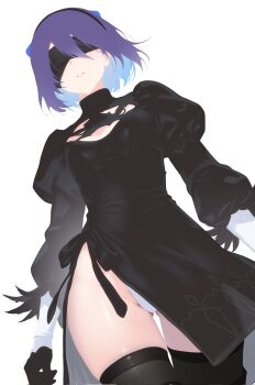 Rule 34 | 1girl, 2b (nier:automata), 2b (nier:automata) (cosplay), a-chan (hololive), black dress, black gloves, black hairband, black thighhighs, blindfold, blue hair, breasts, cleavage cutout, clothing cutout, cohi27151463, colored inner hair, corrupted twitter file, cosplay, covered eyes, dress, feather-trimmed sleeves, from below, gloves, gluteal fold, hairband, highres, hololive, juliet sleeves, leotard, long sleeves, multicolored hair, nier:automata, nier (series), parted lips, puffy sleeves, purple hair, short hair, side slit, simple background, small breasts, solo, thigh gap, thighhighs, virtual youtuber, white background, white leotard