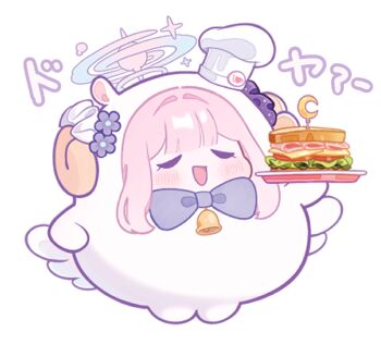 1girl animal_costume bell blue_archive blue_bow bow chef_hat chibi closed_eyes comiket_107 commentary_request ekoru feathered_wings flower food halo hat light_blush mika_(blue_archive) open_mouth pink_hair plate sandwich simple_background solo wings