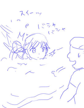 1boy 1girl borusen dickneck lowres mito_kumi monochrome open_mouth sketch smile swimming water what