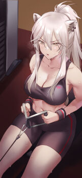 1girl absurdres animal_ears black_shorts black_sports_bra breasts cleavage ear_piercing exercising grey_eyes hair_between_eyes highres hololive indoors large_breasts lion_ears long_hair looking_away midriff navel onigiri-kun_(demmy) parted_lips piercing ponytail shishiro_botan shorts sidelocks sitting solo sports_bra sweat virtual_youtuber white_hair wristband