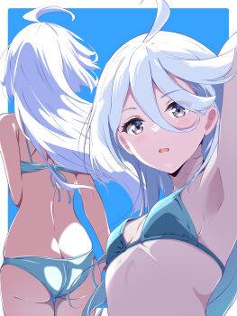 absurdres ahoge alternate_hairstyle arm_behind_head arm_up armpits ass back bikini blue_background blue_bikini borgbutler breasts butt_crack commentary_request facing_away from_behind grey_eyes grey_hair gundam gundam_suisei_no_majo hair_between_eyes hair_down highres long_hair looking_at_viewer miorine_rembran multiple_views open_mouth partial_commentary small_breasts standing swimsuit thigh_gap wind