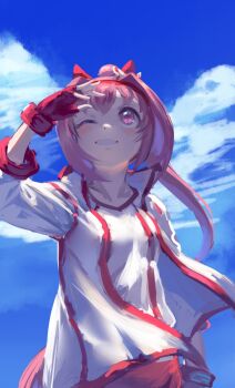 1girl animal_ears blush bow buruma commentary_request ear_bow ear_covers flower-shaped_pupils flower_in_eye gloves hairband haru_urara_(bestest_prize)_(umamusume) haru_urara_(umamusume) headband highres horse_ears horse_girl horse_tail inishie_kumo jacket long_hair open_mouth pink_buruma pink_eyes pink_hair pink_headband ponytail red_buruma red_gloves red_headband shirt smile solo symbol-shaped_pupils symbol_in_eye tail umamusume