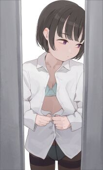 1girl aqua_bra aqua_panties black_hair bra breasts collarbone highres hiroki_(yyqw7151) looking_to_the_side original panties panties_under_pantyhose pantyhose purple_eyes shirt simple_background small_breasts solo underwear white_background white_shirt