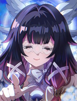1girl black_hair bow closed_eyes closed_mouth columbina_(genshin_impact) commentary_request eye_mask facing_viewer genshin_impact hair_intakes hair_ribbon head_wings highres long_hair mask multicolored_hair pink_hair pointing pointing_at_viewer rei_(sss35_ss3) ribbon smile solo two-tone_hair white_bow white_ribbon white_wings wings