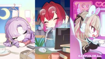 Rule 34 | 3girls, ange katrina, animal ear headphones, animal ears, aopon16, arm rest, arms up, at computer, black ribbon, black shirt, blue pants, blush, book, book stack, cellphone, charging device, chopsticks, closed eyes, commentary request, computer keyboard, computer mouse, copyright notice, crescent moon, crossed arms, crossed bangs, cup, curtained hair, debitto (makaino ririmu), drill hair, eyewear on head, fake animal ears, fang, grey hair, grey shirt, hair intakes, hair ribbon, head rest, headphones, headset, hyakumantenbara salome, long hair, long sleeves, makaino ririmu, midriff, monitor, moon, mug, multicolored hair, multiple girls, navel, night, nijisanji, official alternate costume, official art, open clothes, open shirt, pants, phone, pink hair, purple eyes, purple hair, rabbit ear headphones, rabbit ears, red hair, ribbon, round eyewear, sample watermark, shirt, short sleeves, skin fang, sleeping, sleeping on desk, smartphone, streaked hair, stretching, two-tone hair, virtual youtuber, watermark