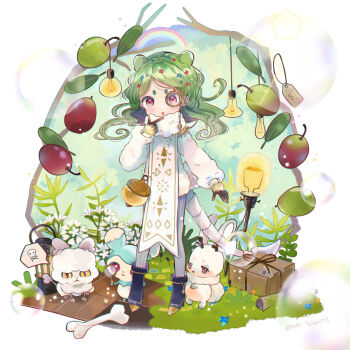 1girl :o animal_ears black_boots blush_stickers bone boots brown_gloves character_request commentary_request creature full_body gloves green_hair grey_pantyhose hand_up highres jacket livly_island long_hair long_sleeves monocle open_mouth pantyhose parted_bangs purple_eyes solo standing striped_clothes striped_pantyhose tabard thick_eyebrows tsunoju white_jacket white_tabard