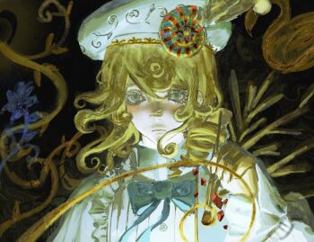 1boy androgynous aqua_eyes beret bishounen blonde_hair blue_bow blue_bowtie bow bowtie cibomatto030 colored_eyelashes edgar_valden edgar_valden_(golden_ratio) expressionless frilled_shirt frills gold_trim hat hat_ornament highres holding holding_paintbrush identity_v looking_at_viewer male_focus official_alternate_costume paintbrush shirt white_hat white_shirt