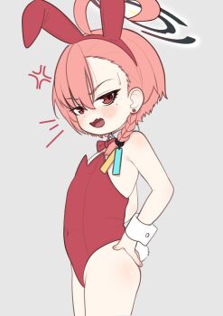 1girl absurdres aged_down animal_ears blue_archive bow bowtie crybabyglo detached_collar fang flat_chest grey_background hands_on_own_hips highres loli neru_(blue_archive) neru_(bunny)_(blue_archive) orange_hair playboy_bunny rabbit_ears rabbit_tail red_bow red_bowtie red_eyes short_hair simple_background skin_fang tail wrist_cuffs