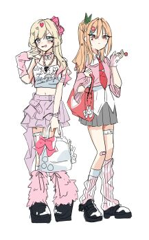 2girls alternate_costume bag bag_bow bandaid bandaid_on_knee bandaid_on_leg bare_shoulders bead_bracelet beads belt black_shoes blonde_hair blush bow bracelet candy clothes_writing collar collarbone commentary facial_mark food gradient_hair green_ribbon grey_skirt gyaru hair_between_eyes hair_ornament hair_ribbon hairclip heart heart_facial_mark heart_hair_ornament heart_necklace high-low_skirt highres holding holding_bag holding_candy holding_food holding_lollipop inda_karane jewelry kedarui_aashii kimi_no_koto_ga_dai_dai_dai_dai_daisuki_na_100-nin_no_kanojo kneehighs kogal lollipop long_hair looking_at_viewer loose_socks mark_under_eye midriff multicolored_hair multiple_girls nail_polish navel necklace necktie orange_hair pink_collar pink_hair pink_nails pleated_skirt red_bow red_necktie ribbon shirt shoes simple_background sketch skirt socks sosii_79 star_(symbol) star_facial_mark star_hair_ornament thigh_strap untucked_shirt white_background