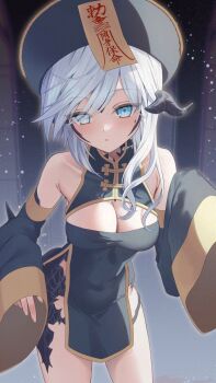 1girl au_ra bare_shoulders black_dress blue_hair breasts china_dress chinese_clothes cleavage cleavage_cutout clothing_cutout detached_sleeves dragon_girl dragon_horns dress final_fantasy final_fantasy_xiv grey_hair hat highres horns jiangshi khr_39 long_hair looking_at_viewer medium_breasts ofuda outstretched_arms parted_lips qingdai_guanmao scales solo twitter_username warrior_of_light_(ff14) zombie_pose