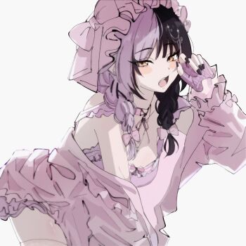 Rule 34 | 1girl, absurdres, black hair, black nails, blush stickers, bow, braid, breasts, coat, cowboy shot, fang, fingerless gloves, frilled nightgown, from side, gloves, grey hair, hair bow, hair ornament, hashtag-only commentary, hat, highres, hololive, hololive english, jewelry, large breasts, leaning forward, long hair, long sleeves, looking at viewer, low twin braids, multicolored hair, nail polish, necklace, nightgown, off shoulder, official alternate costume, official alternate hairstyle, open clothes, open coat, open mouth, pink bow, pink coat, pink gloves, pink hat, pink nightgown, rubbing eyes, seeledayo, shiori novella, shiori novella (sleepwear), simple background, sleepwear, solo, split-color hair, standing, star (symbol), star hair ornament, star necklace, twin braids, two-tone hair, very long fingernails, virtual youtuber, white background, yawning, yellow eyes