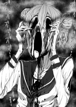 1girl 4shi commentary_request dango-chan_(4shi) double_bun drooling frown greyscale hair_bun hands_up highres leaking liquid long_sleeves monochrome monster_girl open_mouth original sailor_collar school_uniform short_hair translation_request