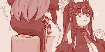 1girl :> accident animal_ears blue_archive blush breasts center_opening china_dress chinese_clothes cleavage closed_mouth crushing dress flower fur-trimmed_jacket fur_trim hair_flower hair_ornament halo hand_on_own_knee huge_breasts jacket jacket_partially_removed long_hair long_sleeves lowres maibotsumou monochrome multiple_views oekaki ponytail red_theme sequential shun_(blue_archive) side_slit sidelocks sitting sitting_on_object sleeveless sleeveless_dress spoken_sound_effect stool surprised tegaki_draw_and_tweet translation_request unworn_eyewear wide-eyed