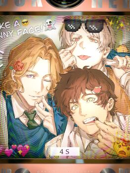 Rule 34 | 3boys, absurdres, axis powers hetalia, benze, blonde hair, brown hair, emoji, eyelid pull, facial hair, finger in own mouth, flower, france (hetalia), goatee stubble, green eyes, grey hair, hair flower, hair ornament, hairclip, highres, male focus, multiple boys, necktie, one eye closed, open mouth, prussia (hetalia), purple eyes, red eyes, shirt, short hair, smile, spain (hetalia), stubble, sunglasses, tongue, tongue out