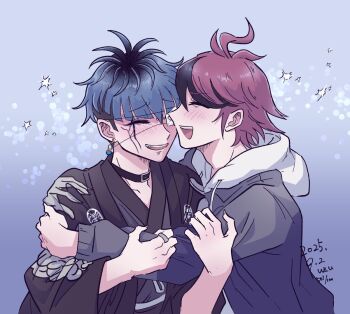 2boys :d ahoge black_choker black_hair black_haori black_streaks blue_background blue_hair blurry blush bokeh choker closed_eyes commentary_request dated depth_of_field earrings eyepatch face_piercing facial_mark grey_jacket grey_kimono haori hood hoodie hug jacket japanese_clothes jewelry kimono labret_piercing male_focus multicolored_hair multiple_boys omokage_yugamu open_mouth piercing print_eyepatch red_hair short_hair signature smile streaked_hair sumino_takumi teeth the_hundred_line_-last_defense_academy- upper_teeth_only uzu_(uzusio55) white_hoodie yaoi