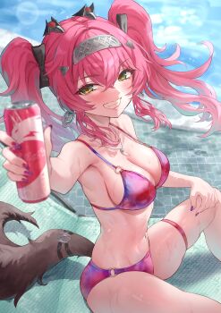 1girl absurdres alternate_costume bare_shoulders bikini black_bow blush bow breasts can chair cleavage commentary_request drink_can earrings fingernails grin hair_between_eyes hair_bow hairband headgear highres holding holding_can jewelry large_breasts long_fingernails long_hair looking_at_viewer lupa_(wuthering_waves) metal_hairband multiple_hair_bows nail_polish navel necklace on_chair pink_bikini pink_hair poolside purple_nails rachel_(ry-0820-love-asmjgtk02) red_pupils sitting skindentation smile solo stomach swimsuit tail thigh_strap thighs tooth_necklace twintails wet wolf_tail wuthering_waves yellow_eyes