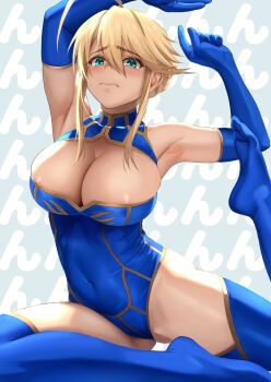1girl ahoge areola_slip armpits arms_up artoria_pendragon_(fate) artoria_pendragon_(lancer)_(fate) blonde_hair blue_gloves blue_leotard blue_thighhighs blush braid breasts cleavage cleavage_cutout clothing_cutout commentary_request elbow_gloves fate/grand_order fate_(series) french_braid gloves green_eyes highres large_breasts leotard long_hair shiny_skin sidelocks solo thighhighs yamaneko_(tkdrumsco) yoga