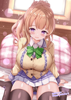 Rule 34 | 1girl, arm support, bed, bed sheet, black panties, black thighhighs, blush, brown hair, collared shirt, commentary request, dated, happy birthday, highres, indoors, jacket, long hair, long sleeves, looking at viewer, on bed, ongeki, open mouth, panties, pillow, pleated skirt, ponytail, purple eyes, saotome ayaka, school uniform, shirt, sidelocks, sitting, skirt, solo, taut clothes, taut shirt, thighhighs, underwear, wariza, white shirt, white skirt, xenon (for achieve), yellow jacket, zettai ryouiki