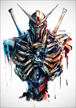 artist_name bone character_request commentary gundam k-suwabe mecha no_humans ribs robot simple_background solo teeth white_background yellow_eyes