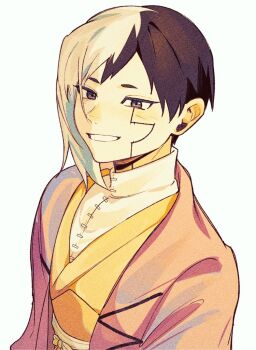 0a_9_(pixiv82791714) 1boy asagiri_gen asymmetrical_hair black_eyes black_hair dr._stone facial_mark grey_eyes grin jacket long_sleeves looking_at_viewer male_focus multicolored_hair pink_jacket shirt short_hair simple_background smile solo split-color_hair teeth two-tone_hair upper_body white_background white_hair white_shirt