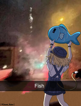 1girl blonde_hair blue_overalls calceto_ruben checkered_gloves commentary dooby dooby_(1st_costume) english_commentary fins fish fish_tail gloves hat highres indie_virtual_youtuber instagram_story jerboa_tail overall_shorts overalls sameko_saba sameko_saba_(fish) shirt short_hair simple_fish striped_clothes striped_overalls tail train_conductor virtual_youtuber white_gloves white_shirt