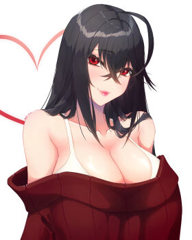 1girl absurdres ahoge alternate_costume azur_lane bare_shoulders black_hair breasts cleavage crossed_bangs highres large_breasts long_hair red_eyes red_sweater rein_akane ribbed_sweater solo sweater taihou_(azur_lane) upper_body