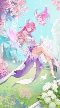 1girl absurdres aqua_hair bare_shoulders blue_eyes blue_sky breasts cherry_blossoms commentary cyrene_(honkai:_star_rail) cyrene_(ripples_of_past_reverie)_(honkai:_star_rail) diamond-shaped_pupils diamond_(shape) dress flower hair_flower hair_ornament halo high_heels highres honkai:_star_rail honkai_(series) large_breasts long_hair looking_at_viewer mem_(honkai:_star_rail) multicolored_hair on_swing pink_hair purple_eyes sha_(nz2) sky small_breasts star-shaped_pupils star_(symbol) swing symbol-only_commentary symbol-shaped_pupils two-tone_hair very_long_hair white_dress