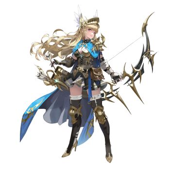 1girl absurdres arm_guards armor arrow_(projectile) belt belt_pouch black_belt black_boots black_dress black_gloves blonde_hair blue_cape boots bow_(weapon) breasts cape commentary cyanillust dress elbow_gloves english_commentary fingerless_gloves floating_hair full_body gloves grin high_heel_boots high_heels highres holding holding_arrow holding_bow_(weapon) holding_weapon large_breasts long_hair looking_at_viewer original pauldrons pleated_dress poleyn pouch purple_eyes quiver short_dress shoulder_armor single_pauldron smile solo standing tachi-e thigh_boots very_long_hair weapon
