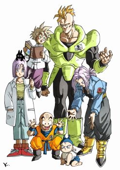 1girl 5boys android_16 armor baby bald black_pants black_shirt blonde_hair blue_eyes blue_jacket book bulma coat dougi dragon_ball dragonball_z full_body green_armor green_eyes group_picture highres holding holding_book jacket kakeru_(dbskakeru) kuririn lab_coat medium_hair mohawk multiple_boys muscular muscular_male orange_hair pants purple_hair purple_pants shirt short_hair simple_background son_gohan spiked_hair standing super_saiyan super_saiyan_1 tongue tongue_out trunks_(dragon_ball) trunks_(future)_(dragon_ball) white_background white_coat white_jacket yellow_shirt
