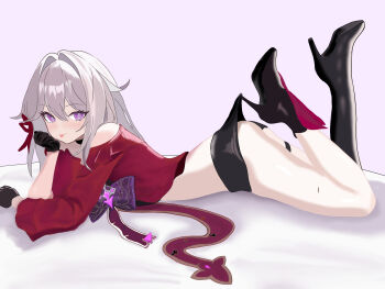 1girl absurdres aquamarine725 ass black_gloves black_shorts breasts commentary_request gloves high_heels highres honkai_(series) honkai_impact_3rd lace_pantyhose_hooked_on_heel_(meme) long_hair looking_at_viewer lying medium_breasts meme micro_shorts on_stomach purple_eyes red_shirt shirt shorts simple_background solo thelema_nutriscu thelema_nutriscu_(mad_pleasure:_shadowbringer) thighs tongue tongue_out white_background white_hair