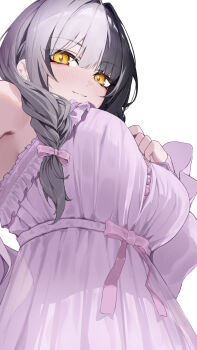 Rule 34 | 1girl, absurdres, black hair, bow, braid, breasts, closed mouth, commentary, empire waist, english commentary, frilled nightgown, from below, grey hair, hair bow, hair over shoulder, hand on own chest, hand up, highres, hololive, hololive english, large breasts, long hair, looking at viewer, low twin braids, multicolored hair, nightgown, official alternate costume, official alternate hairstyle, pink bow, pink nightgown, shiori novella, shiori novella (sleepwear), simple background, solo, split-color hair, twin braids, two-tone hair, virtual youtuber, white background, yellow eyes, yoellim5