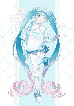 1girl alternate_costume animal_bag asymmetrical_legwear bandaid bandaid_on_face bandaid_on_nose blue_bag blue_eyes blue_hair blue_shoes blush cute_x_subculture_hatsune_miku_design_contest emoji eyelid_pull fashion fishnet_socks fishnets gradient_hair hair_ornament hair_ribbon hashtag-only_commentary hatsune_miku heart heart-shaped_hair heart_hair_ornament highres holding holding_phone jewelry long_hair mismatched_legwear multicolored_hair one_eye_closed phone pill pink_hair pleading_face_emoji pleated_skirt print_shirt ribbon ring shirt shoes skirt smile sneakers socks solo standing standing_on_one_leg striped_arm_warmers striped_clothes striped_thighhighs tenshi_kaiwai thighhighs tongue tongue_out twintails very_long_hair vocaloid white_shirt yami_kawaii yul_luy