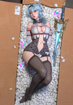 1girl 3d absurdres bdsm black_hairband black_headband black_leotard blue_hair blue_necktie blush bodystocking bondage boots bound box breasts center_opening chinese_commentary cleavage derivative_work eula_(genshin_impact) fantasy feet garter_straps genshin_impact greatsword hairband headband high-waist_shorts highres in_box in_container leotard lipstick long_hair looking_at_viewer lying makeup medium_breasts navel necktie packing_peanuts shorts solo song_of_broken_pines_(genshin_impact) sword thigh_boots thighhighs thighs wenshuimao yellow_eyes