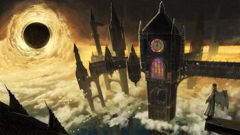 1girl above_clouds analog_clock angel_wings architecture brown_hair building clock clock_tower cloud commentary_request concept_art dress eclipse fantasy from_side gothic_architecture highres long_sleeves medium_hair original outdoors scenery solo somei_yoshinori stained_glass timestamp tower white_dress white_wings wide_shot wings