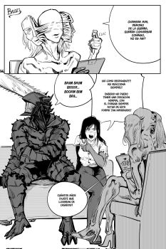 1boy 2girls aging_devil_(chainsaw_man) artist_name black_hair breasts chainsaw chainsaw_devil chainsaw_man couch couple crossed_legs extra_arms facing_to_the_side grey_hair greyscale hair_between_eyes hetero highres horns husband_and_wife intestine_clothing intestines long_hair monochrome multiple_girls no_eyes open_mouth pochita_(chainsaw_man) ringed_eyes scar scarf sharp_teeth shirt signature simple_background sitting spanish_text split_head teeth translated victorbalgitt yoru_(chainsaw_man)