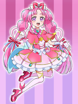 Rule 34 | 1girl, :d, absurdres, back bow, blue bow, blue gem, blush, bow, braid, brooch, capelet, clenched hand, commentary, cure mystique, dot nose, dress, fingerless gloves, frills, full body, gem, gloves, gradient background, hair bow, hair ornament, heart, heart brooch, heart hair ornament, heart in eye, highres, impossible hair, jewelry, kobayashi mikuru, large bow, layered dress, long hair, looking at viewer, magical girl, meitantei precure!, open mouth, parted bangs, pink bow, pink capelet, pink dress, pink gloves, pink hair, pink shoes, pink theme, pink thighhighs, precure, purple eyes, shoes, sidelocks, smile, solo, striped background, symbol in eye, thighhighs, twin braids, vertical-striped background, yummi