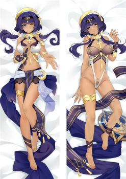1girl ankh barefoot blue_eyes breasts bridal_gauntlets candace_(genshin_impact) closed_mouth commentary_request dakimakura_(medium) eye_of_horus full_body genshin_impact hand_on_own_chest harem_outfit heterochromia jewelry large_breasts lying moeanime multiple_views navel on_back purple_hair shield smile thighlet yellow_eyes