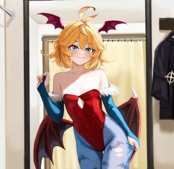 17thfable 1girl animal_print bare_shoulders bat_print bat_wings blonde_hair blue_pantyhose blush bridal_gauntlets clothing_cutout commentary cosplay curtains darkstalkers diamond_cutout dokibird english_commentary fang feather_hair green_eyes hand_up head_wings highres indie_virtual_youtuber indoors leotard lilith_(darkstalkers) lilith_(darkstalkers)_(cosplay) looking_at_mirror looking_at_viewer mirror off-shoulder_leotard pantyhose pink_nails print_pantyhose red_leotard red_wings reflection short_hair skin_fang smile solo standing virtual_youtuber wings