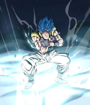 1boy black_vest blue_hair blue_sash clenched_hands cropped_vest dragon_ball dragon_ball_super dragon_ball_super_broly full_body glowing gogeta kazumax76 male_focus medium_hair metamoran_vest muscular muscular_male no_shirt open_clothes open_vest pants sash solo spiked_hair super_saiyan super_saiyan_blue vest white_pants