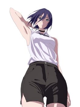1girl absurdres arm_up armpits black_choker black_shorts chainsaw_man choker green_eyes grenade_pin hair_between_eyes highres myforuwlglij69i purple_hair reze_(chainsaw_man) shirt shirt_tucked_in shorts simple_background sleeveless sleeveless_shirt solo white_background white_shirt