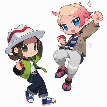 1boy 1girl :d absurdres belt blue_eyes blue_shirt bracelet brown_belt brown_eyes brown_hair brown_jacket chibi chibi_only clenched_hand closed_mouth commentary green_jacket grey_pants harmony_(pokemon) hat highres holding holding_poke_ball ichijip_app jacket jewelry nintendo open_clothes open_jacket open_mouth pants pink_shoes poke_ball poke_ball_(basic) pokemon pokemon_legends:_z-a shirt shoes simple_background smile urbain_(pokemon) white_background white_shirt